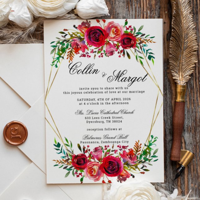 Faire-part de cadre Mariage Floral Rouge (Créateur téléchargé)