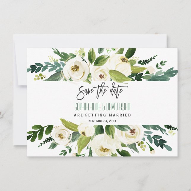 Faire-Part de Charme Aquarelle Cadre Floral Blanc (Devant)