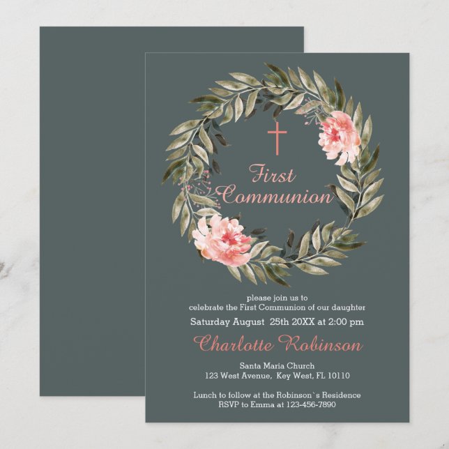 Faire-part de Communion Rose Pâle Floral Gris (Devant / Derrière)
