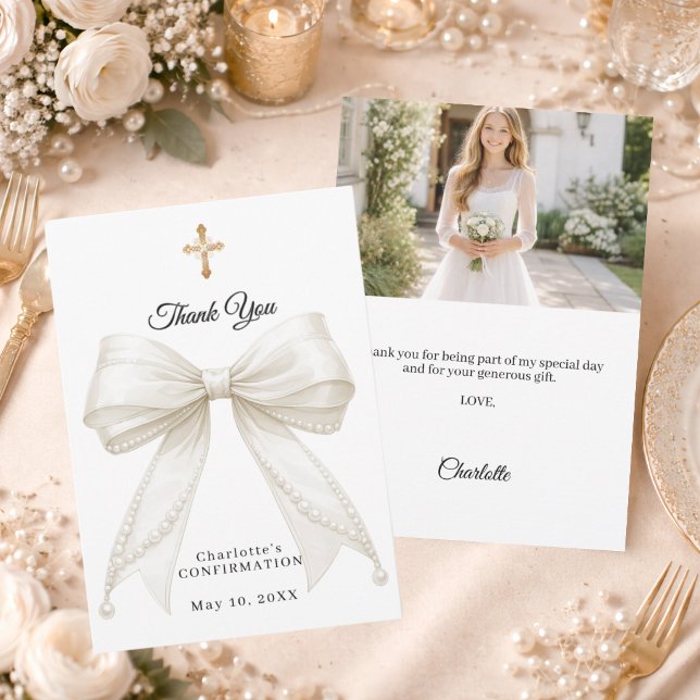 Faire-part de confirmation bow blanc perles d'ivoi (Créateur téléchargé)