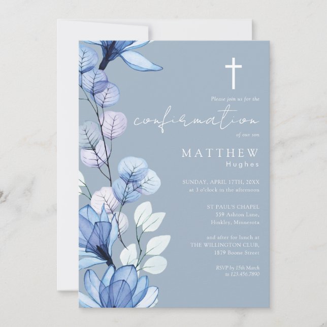 Faire-part de confirmation fleuri transparent bleu (Devant)