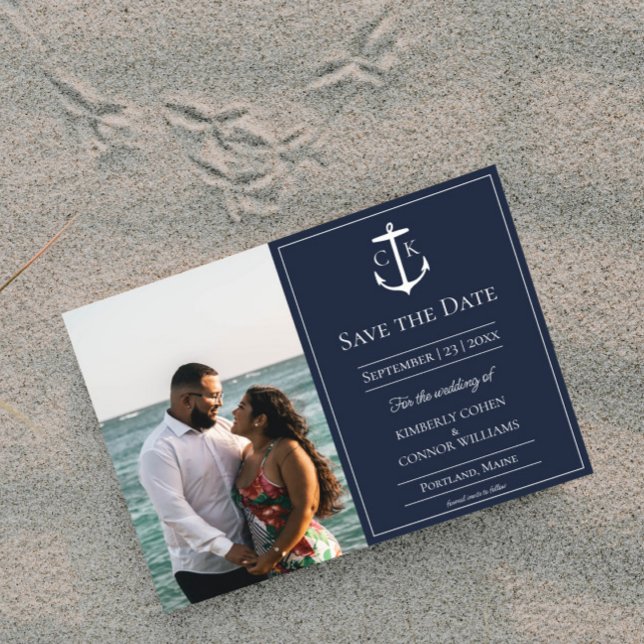 Faire-Part de Date de Mariage à Photo Monogramme M (Navy Nautical Monogram Photo Save the Date)