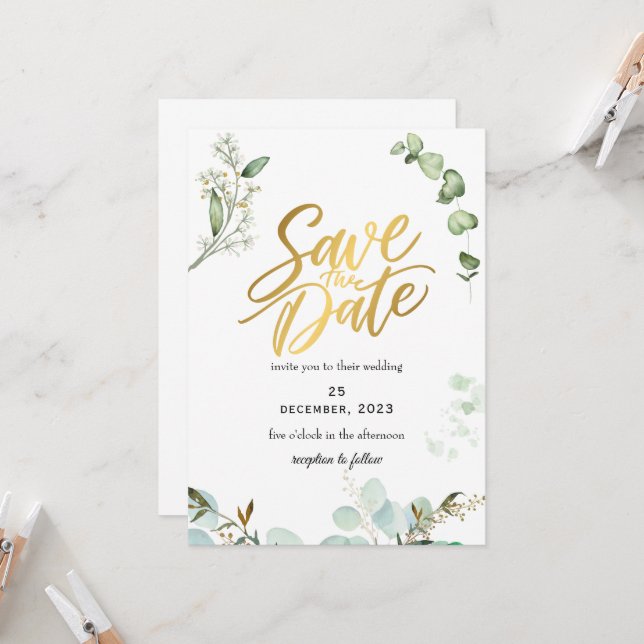 Faire-part de date de mariage romantique avec verd (Devant/Arrière en situation)