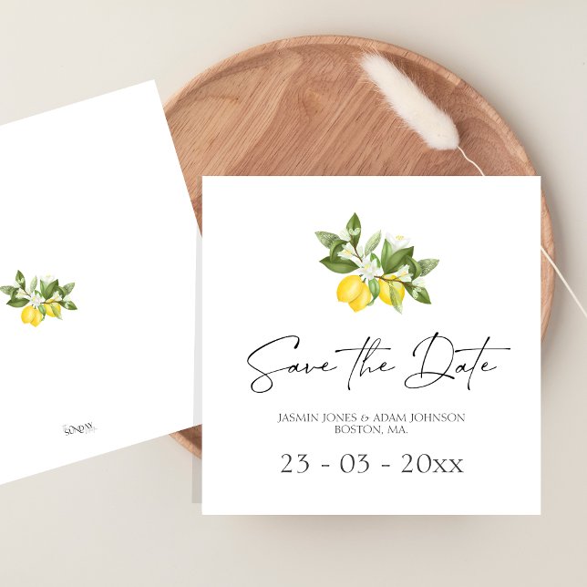 Faire-part de date de Minimal Lemon Greenery (Citrus Lemons and Greenery Summer Fruits Wedding Save The Date)