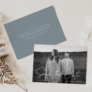 Faire-part de date poussiéreuse bleue de script dé