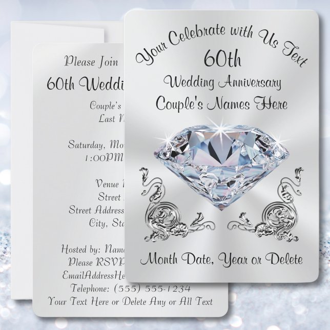 Faire-part de diamant de 60 ans personnalisés et é (60th wedding anniversary invitation cards or 60th wedding anniversary invitations templates. Diamond)
