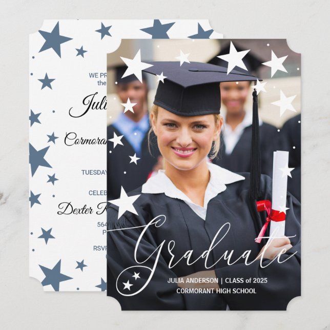 Faire-part de diplôme avec Stars Graduate Photo (Devant / Derrière)