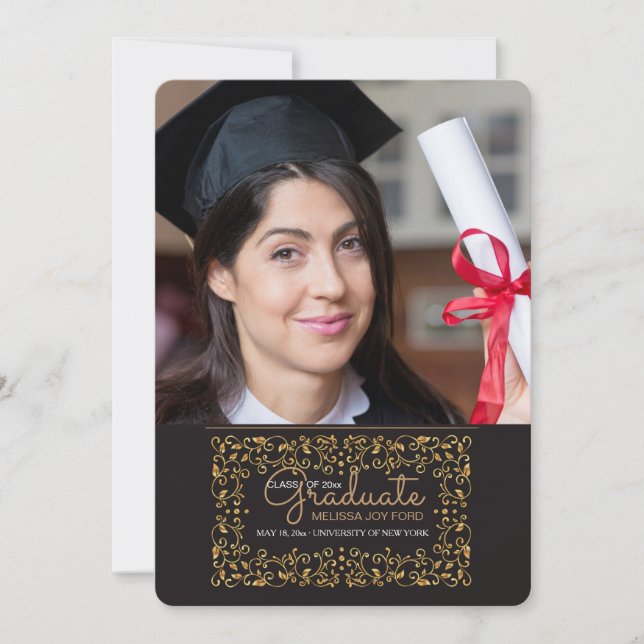 Faire-part de diplôme de la photo cadre or riche (Devant)