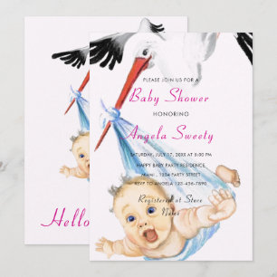 Faire-part de douche fun bébé cigogne drôle