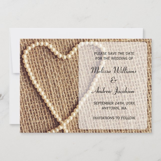 Faire part de faire-part Burlap Pearl Heart Save t (Devant)