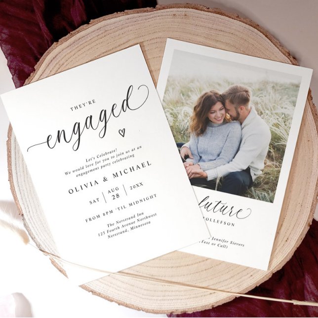 Faire-Part de Fiançailles Élégant Moderne (Elegant black and white engagement party invitation with modern minimalist script and couple’s photo)