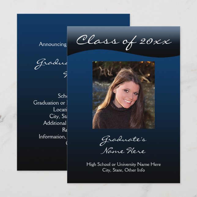 Faire-part de graduation de la vague bleue et noir (Devant / Derrière)