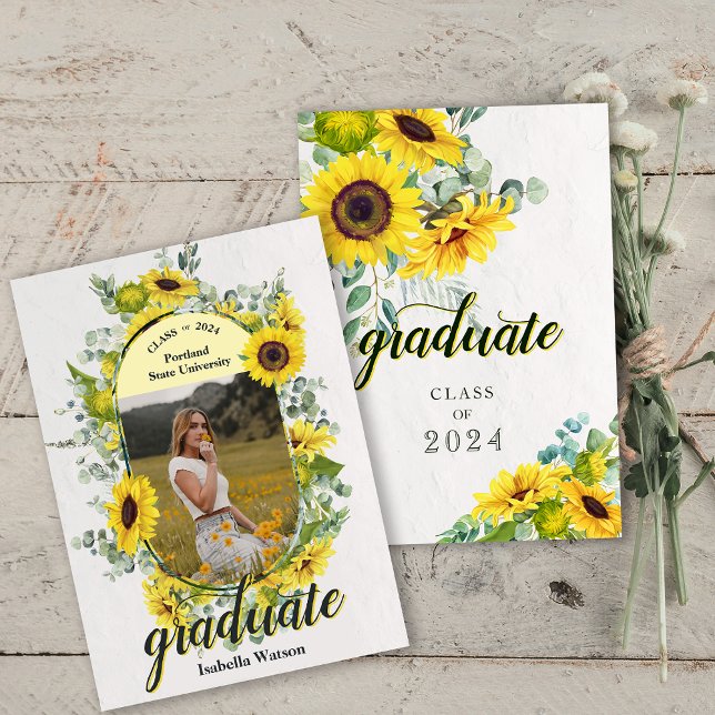 Faire-part de graduation du script de tournesol ph (Photo Sunflower Script Graduation Announcement)