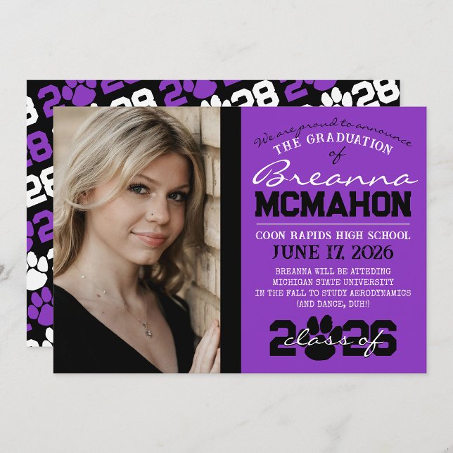 Faire-part de graduation Empreinte de patte violet ( Repeating Class Year 1 & 2 Photo Graduation Invitations & Announcements)