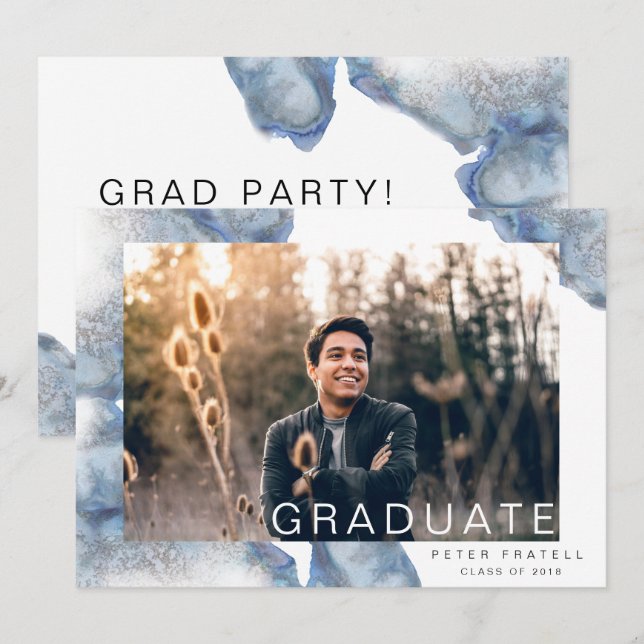 Faire-part de graduation en marbre bleu Ombre (Devant / Derrière)