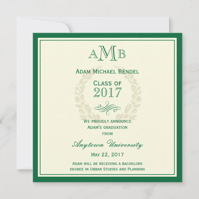 Faire-part de graduation Green Elegant Monogram (Devant)