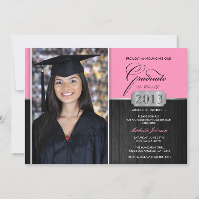 Faire-part de graduation moderne rose et noir (Devant)