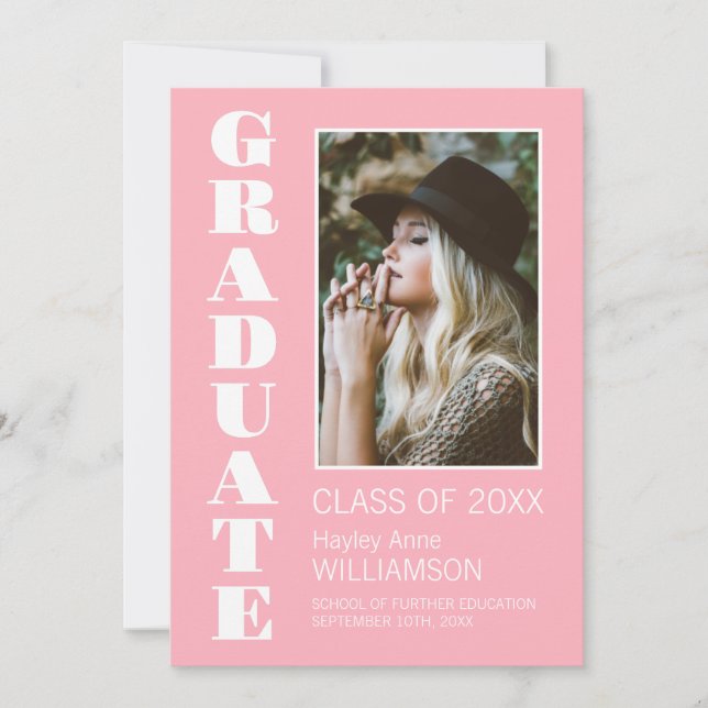 Faire-part de graduation personnalisée en rose pho (Devant)