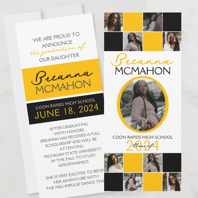Faire-part de graduation photo Black and Gold 9 (Elegant 9 Photo Graduation Double Sided Announcements in White Yellow Gold and Black)
