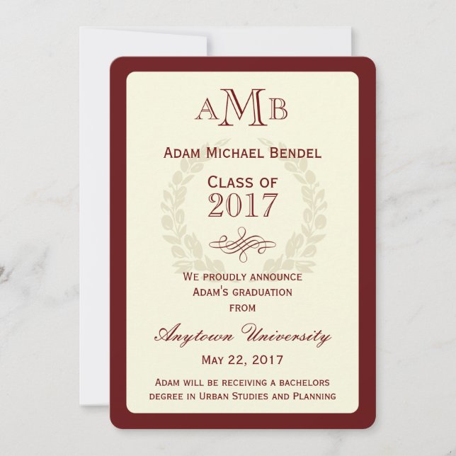 Faire-part de graduation Red Elegant Monogram (Devant)