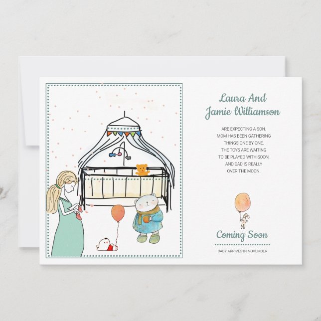 Faire-part de grossesse aquarelle bébé garçon (Devant)