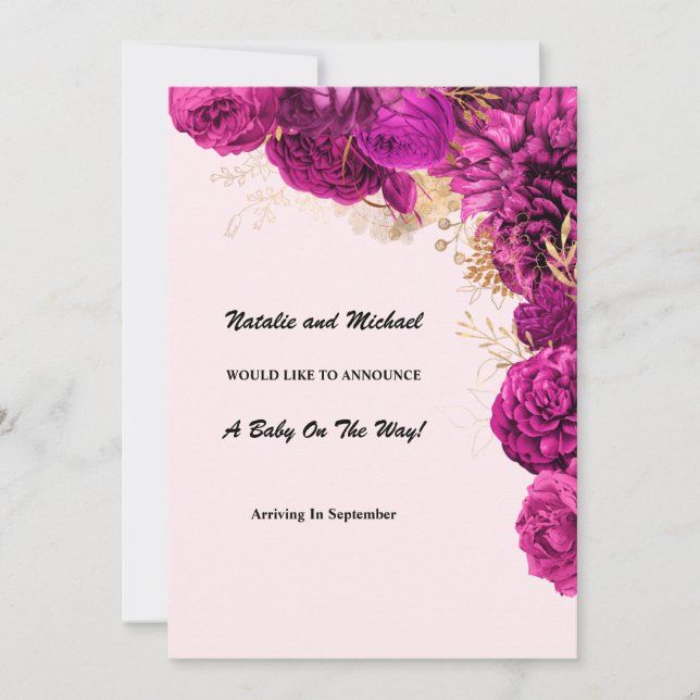 Faire-part De Grossesse Florale Rose Et Or (Devant)