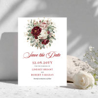 Faire-part de Luxe Rouge Bourgogne Fleurs Save The