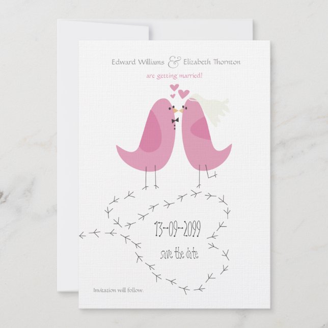 Faire-part de mariage 2 Oiseaux Roses pour annonce (Devant)