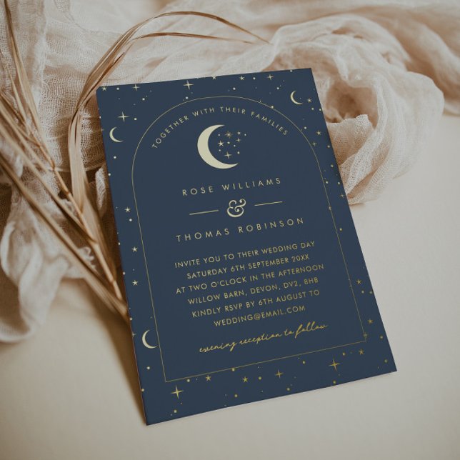 Faire-part de mariage à arc céleste de la Marine (Zazzle Navy Celestial Arched Wedding Invitation Foil Invitation)