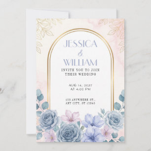 Faire-part de mariage à arche dorée rose bleu pous