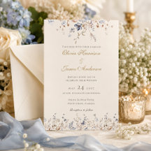 Faire-part de mariage à bordure florale bleu pouss