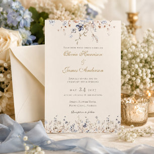 Faire-part de mariage à bordure florale bleu pouss
