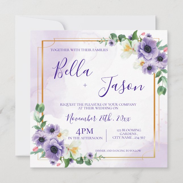 Faire-part de mariage à cadre d'or blanc violet (Devant)
