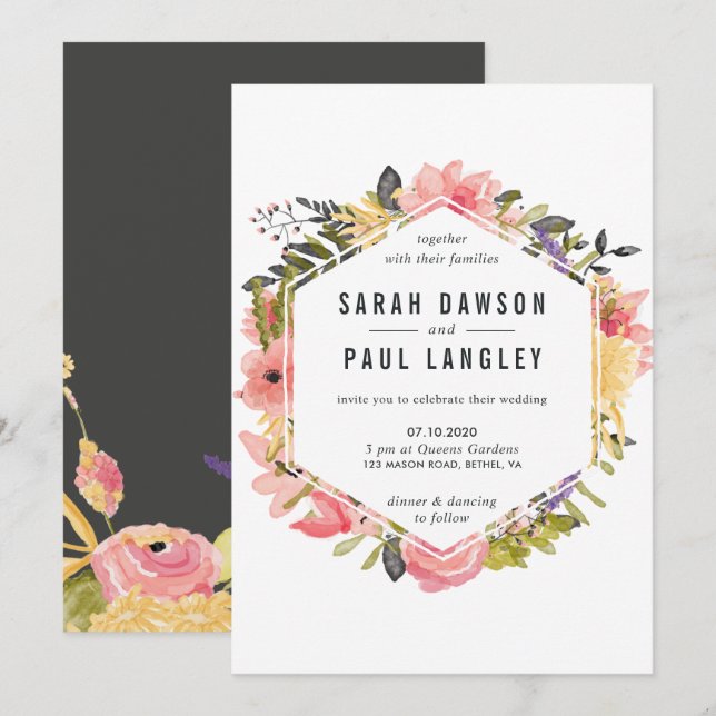 Faire-part de mariage à cadre floral (Devant / Derrière)