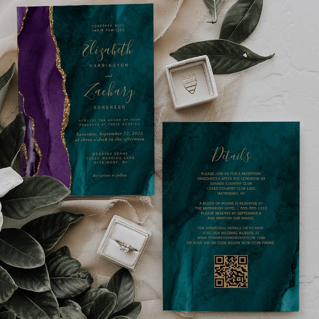 Faire-part de mariage à code QR Agate Or Sarcelle  (Créateur téléchargé)