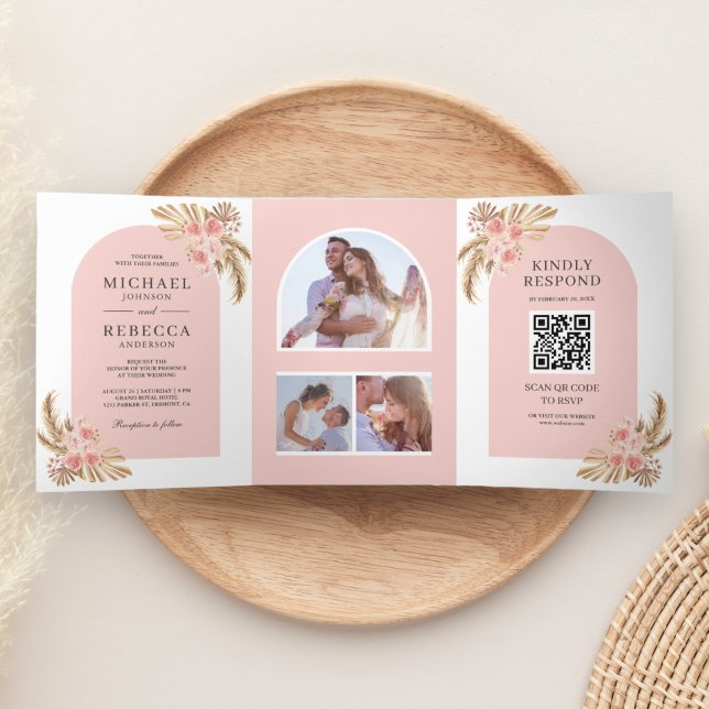 Faire-part de mariage à code QR Arch Boho Roses ro (Créateur téléchargé)