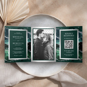 Faire-part de mariage à code QR en marbre vert éme