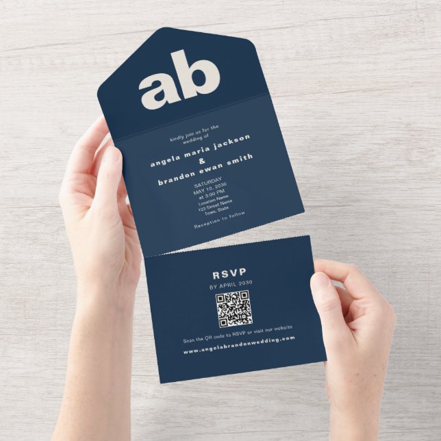 Faire-part de mariage à code QR monogramme bleu ma (Déchirure)