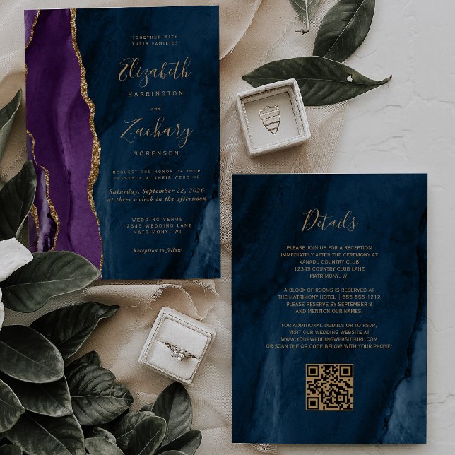 Faire-part de mariage à code QR Navy Blue Agate Go (Créateur téléchargé)