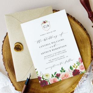 faire-part de mariage à crête florale bordeaux