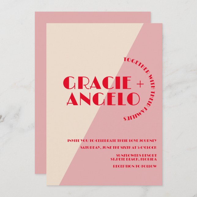 Faire-part de mariage à deux tons rose rétro (Devant / Derrière)