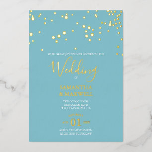 Faire-part de mariage à feuilles d'or bleu côtier 