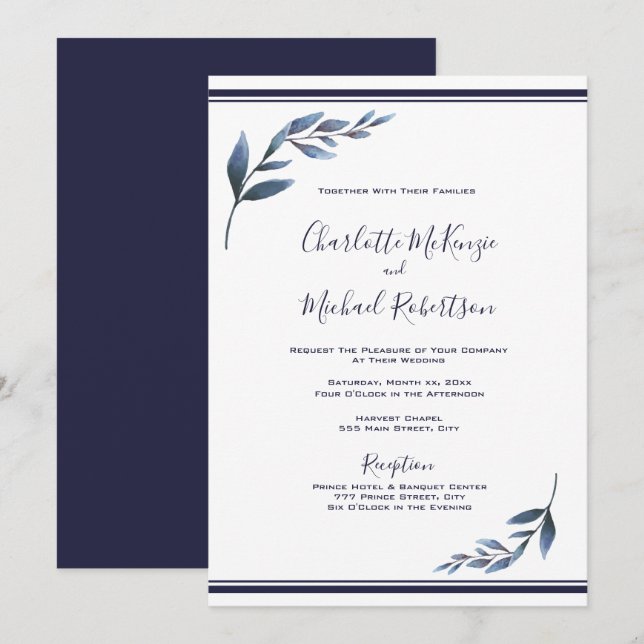 Faire-part de mariage à feuilles florales blanches (Devant / Derrière)