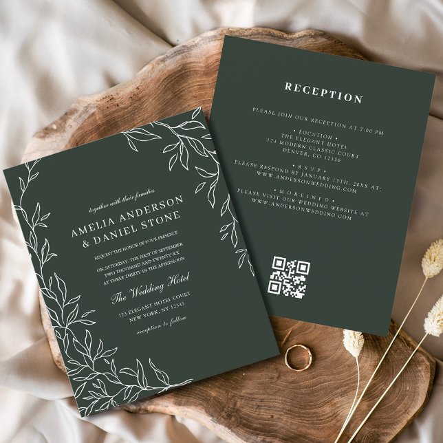 Faire-part de mariage à feuilles vertes du code QR (Créateur téléchargé)