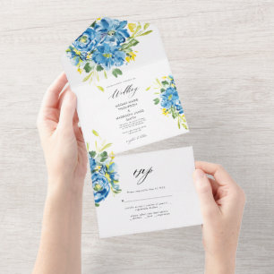 Faire-part de mariage à fleurs bleu aquarelle