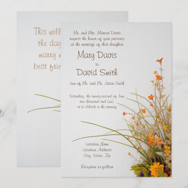 Faire-part de mariage à fleurs de bois blanc (Devant / Derrière)