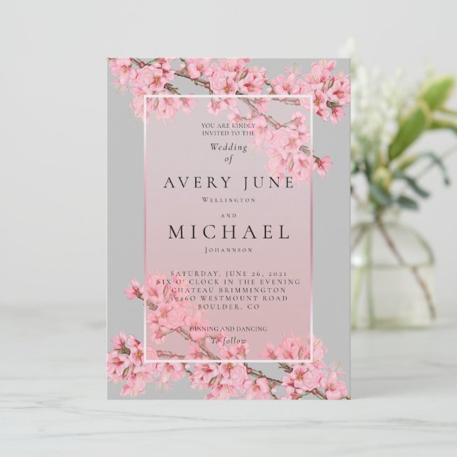 Faire-part de mariage à fleurs de cerisier rose su (Debout devant)