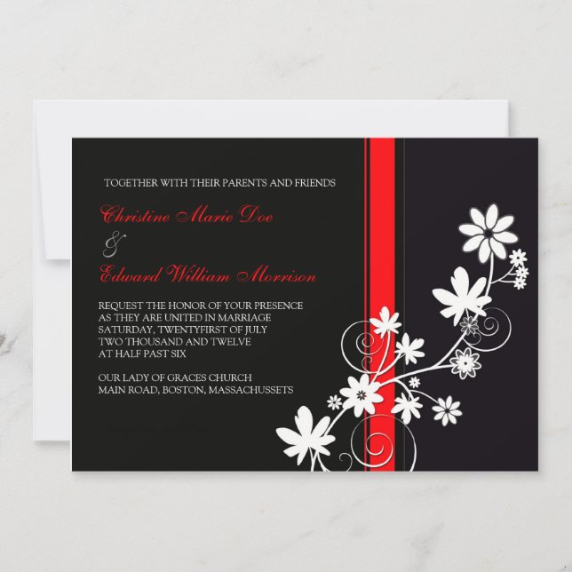 Faire-part de mariage à fleurs noires et rouges (Devant)
