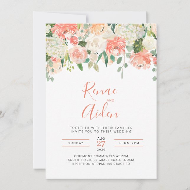 Faire-part de mariage à fleurs rose et blanc (Devant)