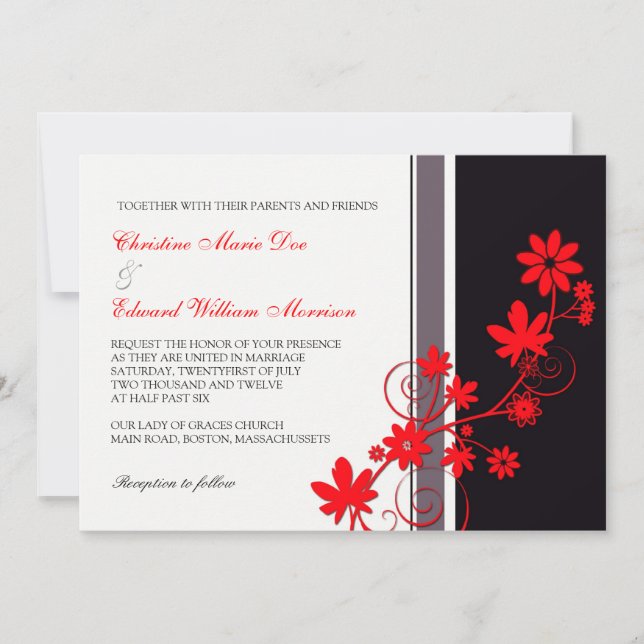 Faire-part de mariage à fleurs rouges (Devant)